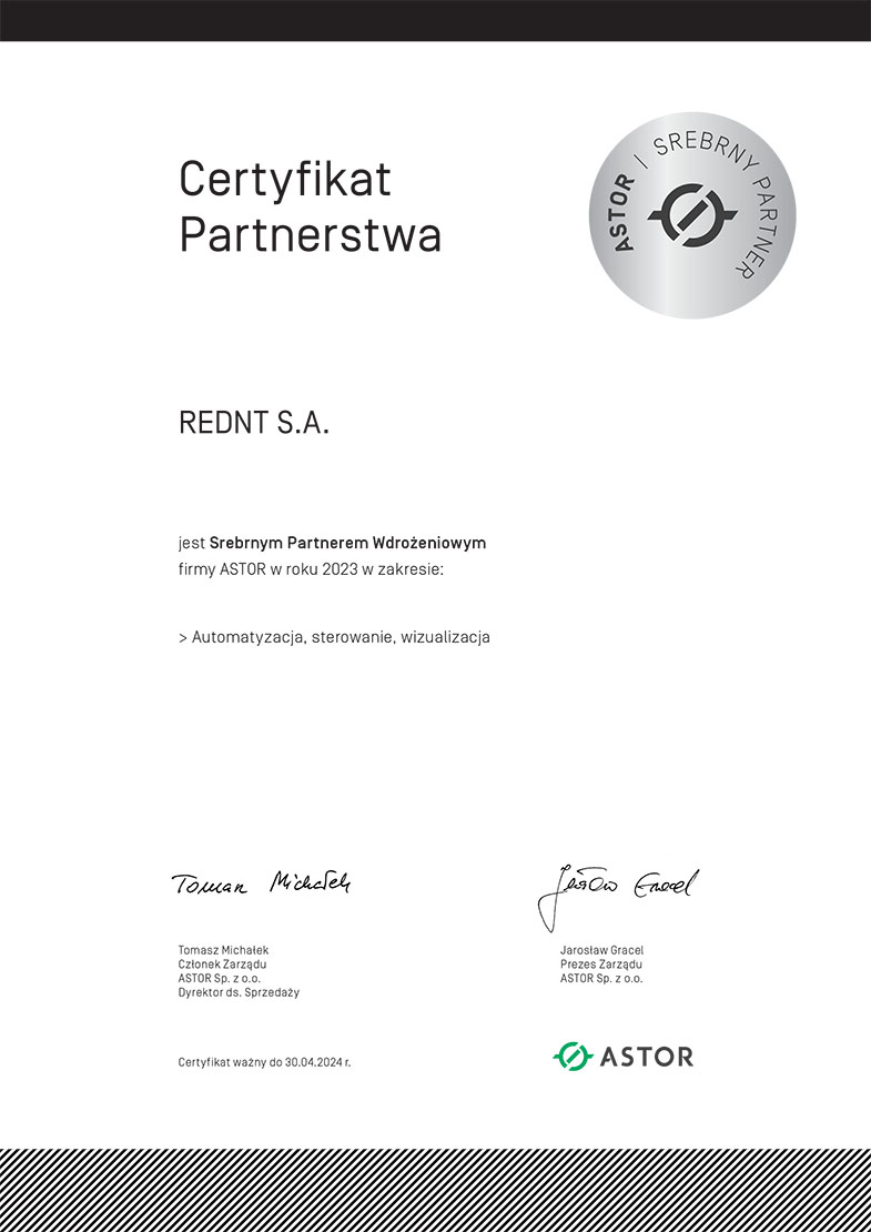 Zawiera certyfikat srebrnego partnerstwa firmy REDNT z firmą ASTOR w zakresie sprzedaży, wdrażania i automatyzacji przemysłu.